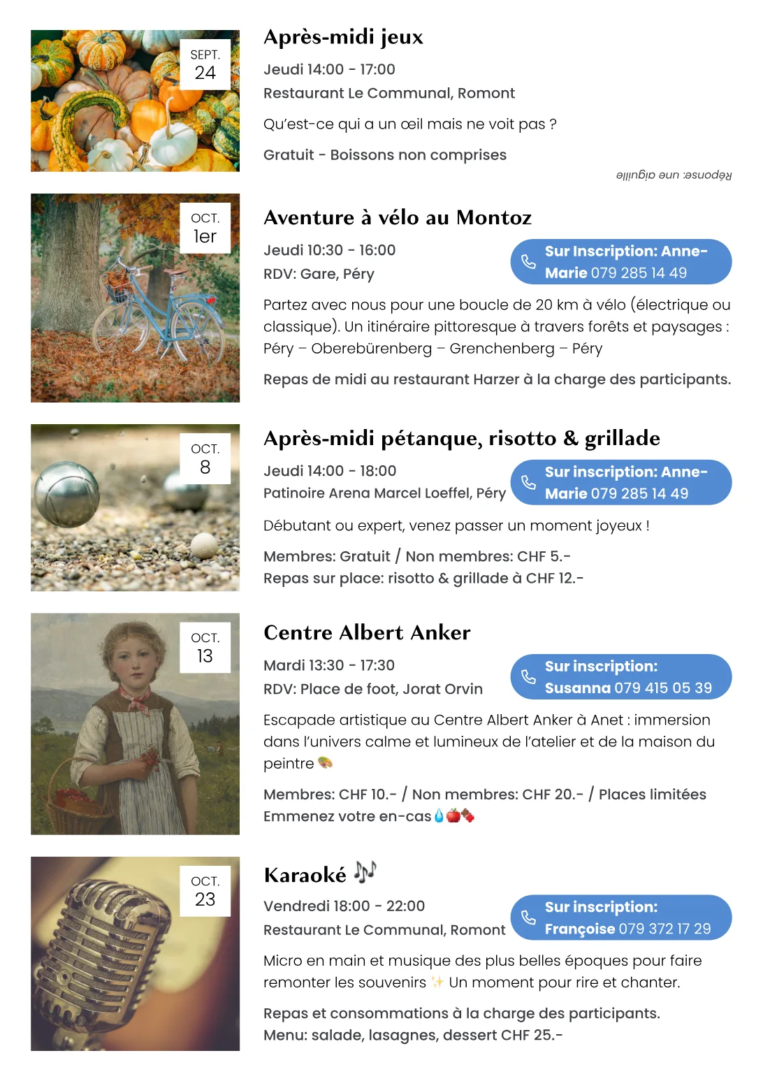 October and November: an autumn outing, a games afternoon and a talk, each with its meeting point and price