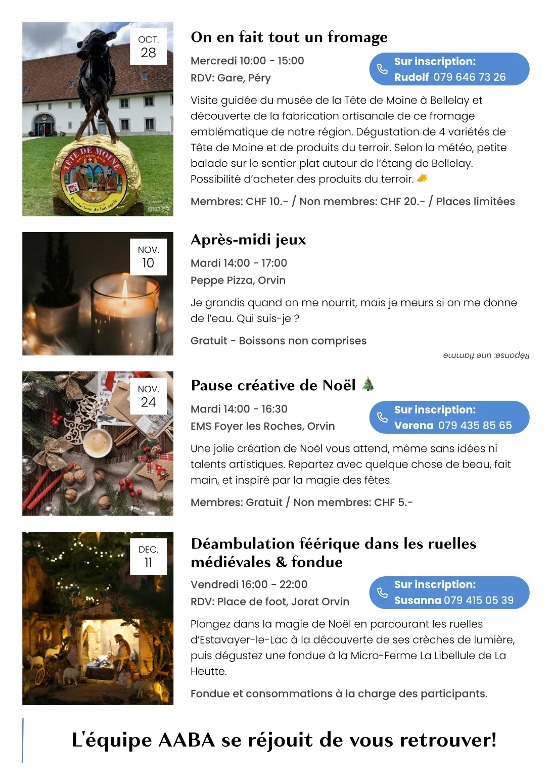 December: a Christmas craft session and a fondue walk, with the registration contact beside each event