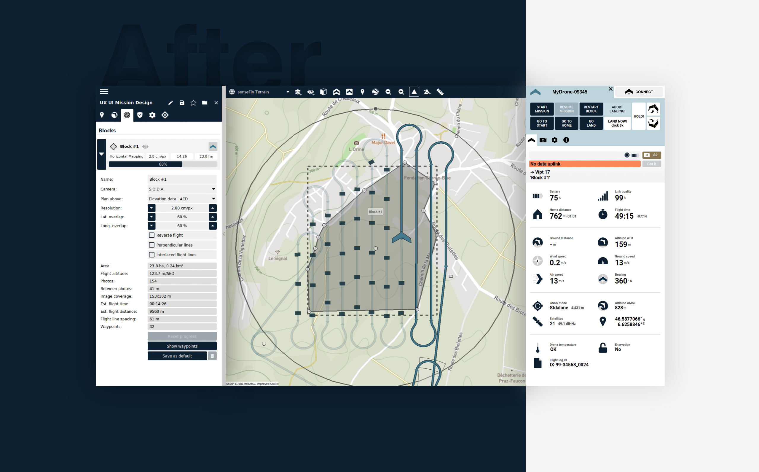 eMotion after the redesign — calmer navy palette, restructured mission panel and clearer telemetry