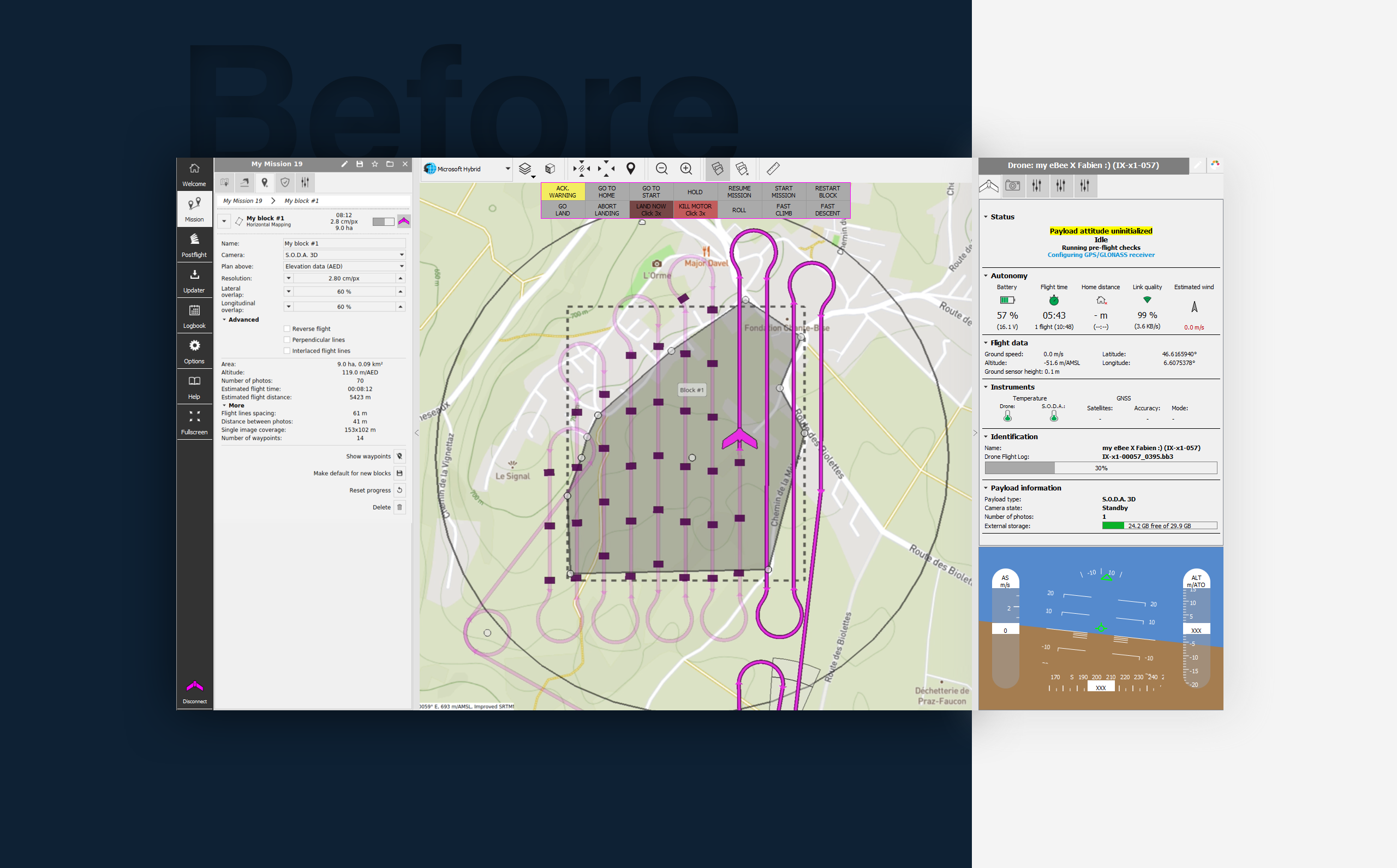 eMotion before the redesign — dense magenta flight plan, boxed panels and a crowded sidebar